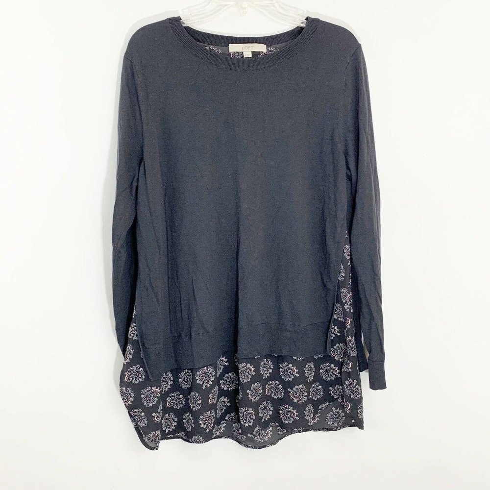 LOFT Black Paisley Crew Neck Long Sleeve Pullover Wool Blend Sweater Womens XL
